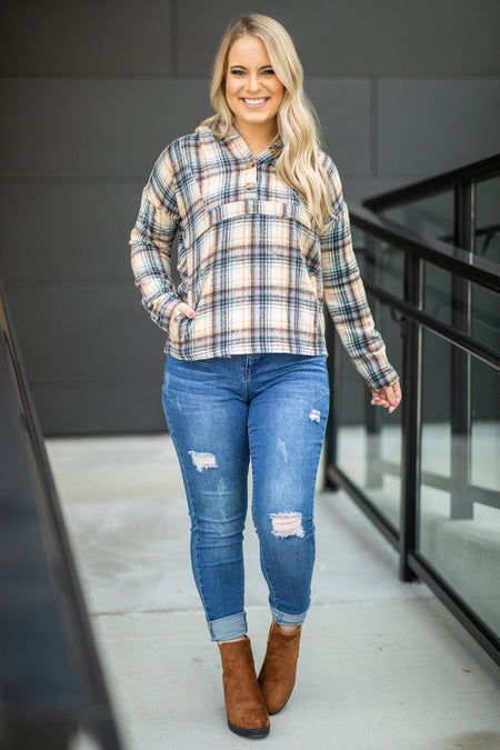 Tan Fleece Hooded Plaid Top - Filly Flair