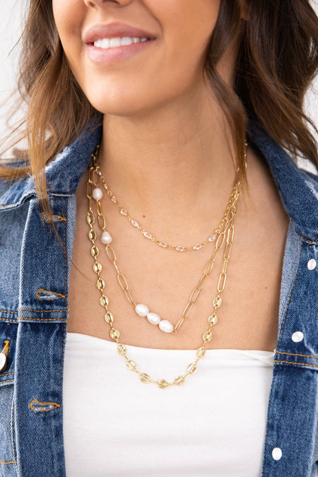 Gold and White Layered Chain Necklace - Filly Flair