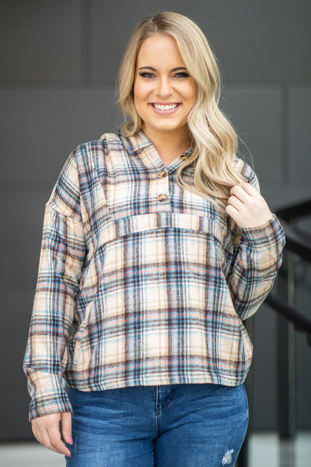 Tan Fleece Hooded Plaid Top - Filly Flair