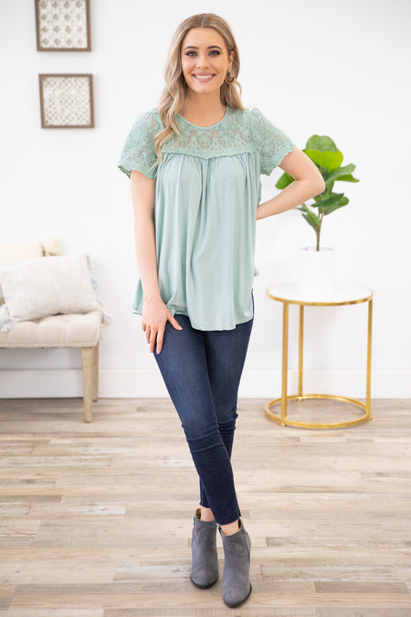 Mint Crochet Lace Short Sleeve Top - Filly Flair