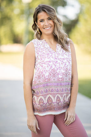 Ivory Multicolor Floral Border Print Tank - Filly Flair