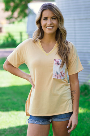 Yellow V-Neck Top with Floral Contrast - Filly Flair