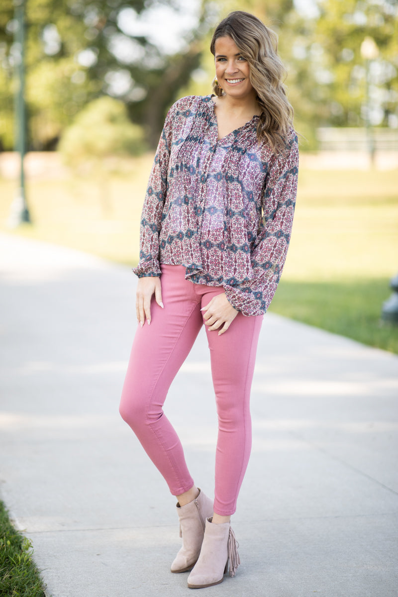 Teal and Wine Abstract Geometric Print Top - Filly Flair