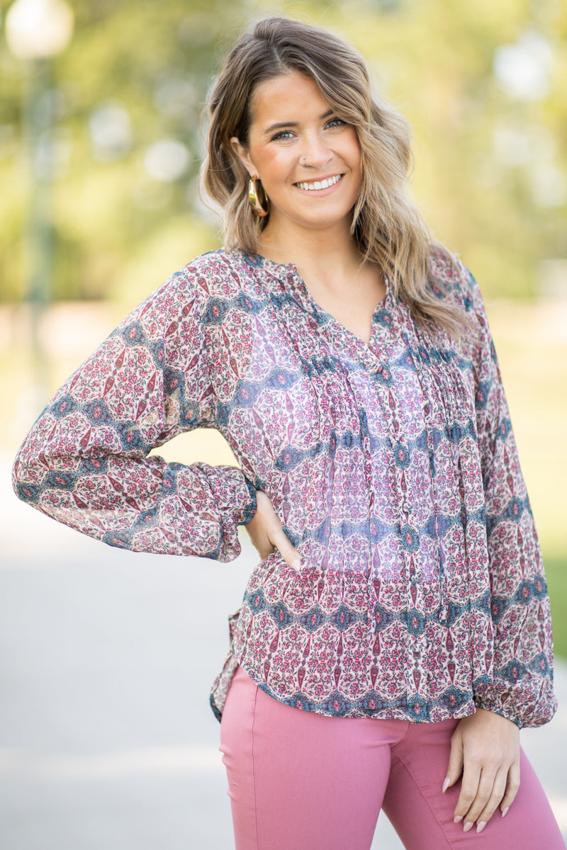 Teal and Wine Abstract Geometric Print Top - Filly Flair