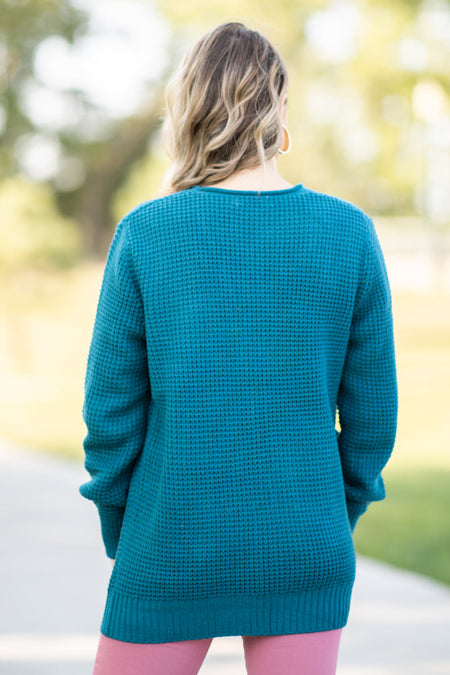 Teal Waffle Knit Cardigan With Pockets - Filly Flair