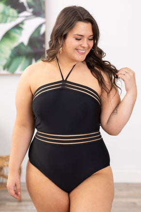 Black Halter Neck One Piece Swimsuit - Filly Flair