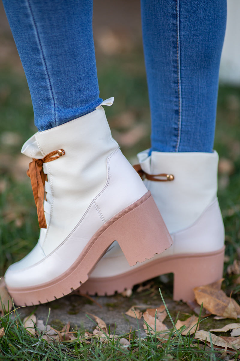 Ivory and Tan Lace Up Lug Sole Boots · Filly Flair