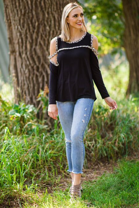 Black and Tan Animal Print Trim Top - Filly Flair