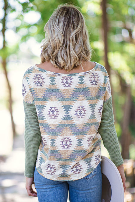 Sage and Mustard Aztec Print Drop Shoulder Top - Filly Flair