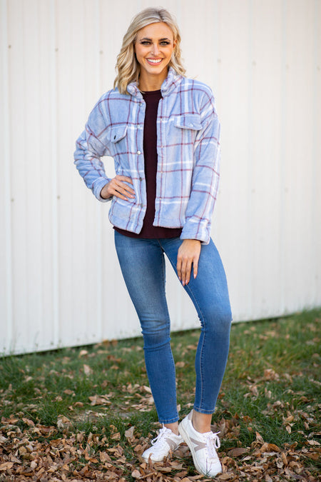 Periwinkle Plaid Fuzzy Plaid Jacket - Filly Flair