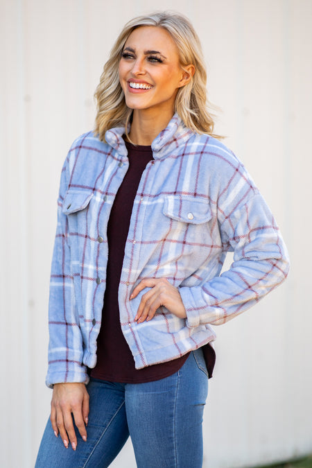 Periwinkle Plaid Fuzzy Plaid Jacket - Filly Flair