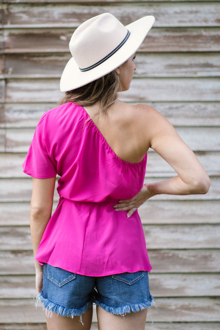 Hot Pink Elastic Waist One Shoulder Top - Filly Flair