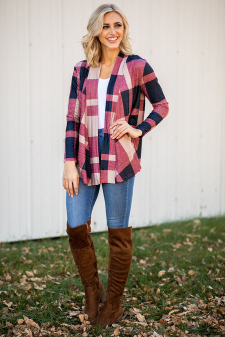 Navy and Wine Plaid Cardigan - Filly Flair