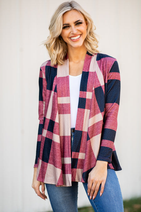 Navy and Wine Plaid Cardigan - Filly Flair