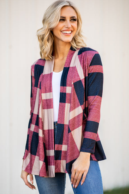 Navy and Wine Plaid Cardigan - Filly Flair