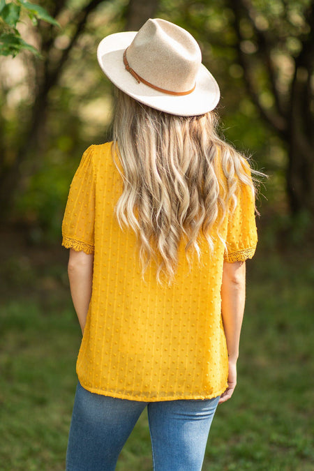 Mustard Lace Trim Swiss Dots Blouse - Filly Flair