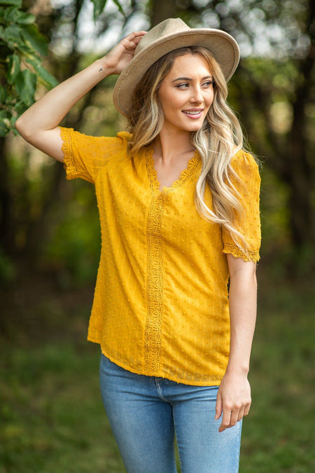 Mustard Lace Trim Swiss Dots Blouse - Filly Flair