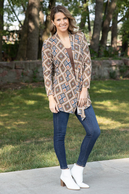 Camel and Teal Multicolor Aztec Cardigan - Filly Flair