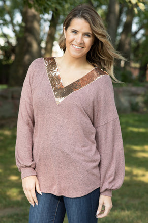 Dusty Rose and Gold Sequin Trim Top - Filly Flair