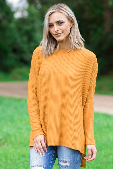 Mustard Waffle Knit Top With Side Slit - Filly Flair