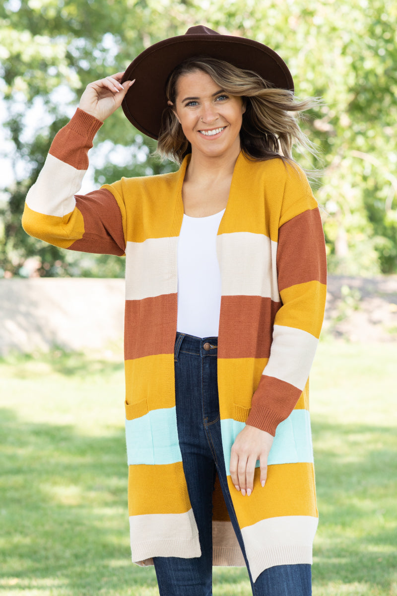 Mustard Multicolor Stripe Long Cardigan · Filly Flair