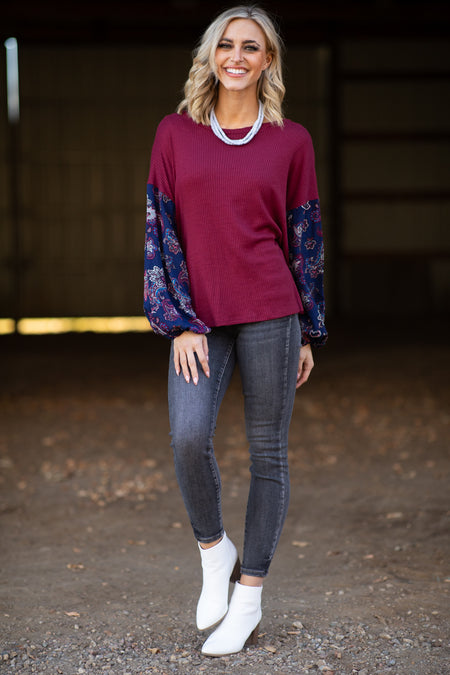 Burgundy and Navy Paisley Print Sleeve Top - Filly Flair