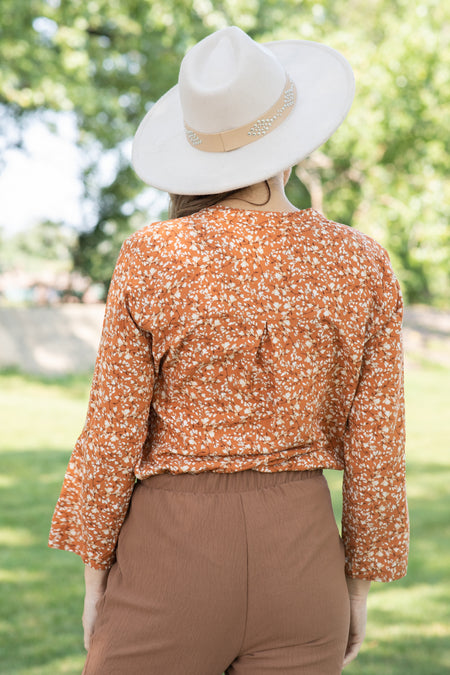 Rust Floral Print Tab Sleeve Notch Neck Top - Filly Flair