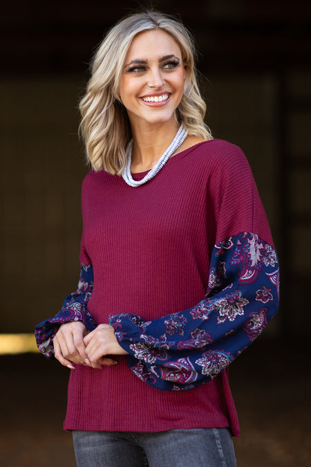 Burgundy and Navy Paisley Print Sleeve Top - Filly Flair