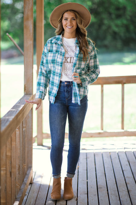 Jade and Beige Plaid Button Up Top - Filly Flair