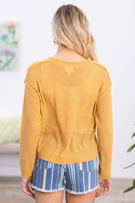 Mustard Raw Edge Drop Shoulder Henley Sweater - Filly Flair