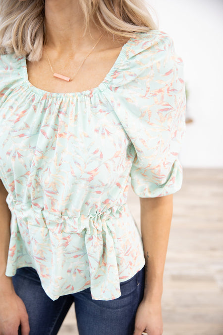 Mint Leaf Print Off The Shoulder Peplum Top - Filly Flair