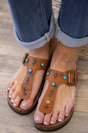 Cognac Sandals With Turquoise Stones - Filly Flair