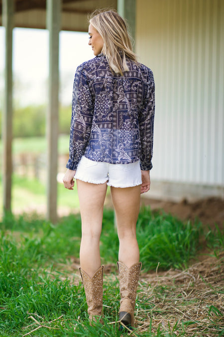 Navy Paisley Tie Front Button Up Top - Filly Flair