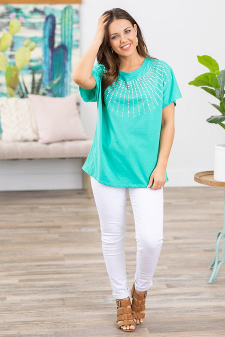 Turquoise Rhinestone Beaded Short Sleeve Top - Filly Flair