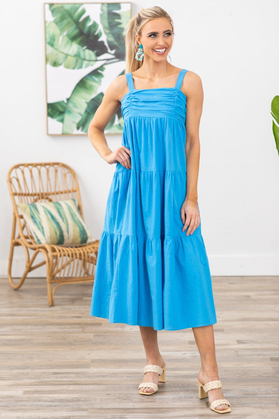 Blue Ruched Bodice Midi Dress - Filly Flair