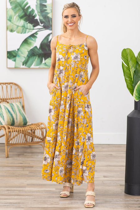 Mustard Floral Print Maxi Dress - Filly Flair