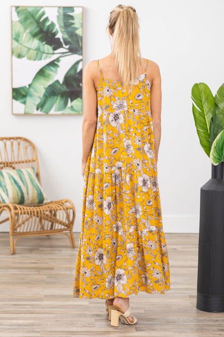 Mustard Floral Print Maxi Dress - Filly Flair