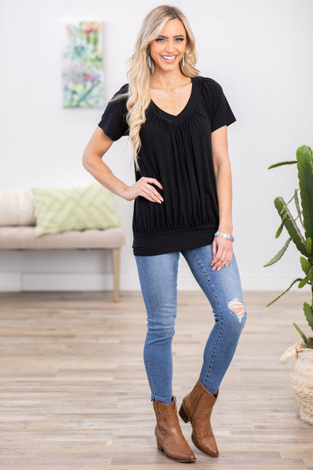 Black V-Neck Bubble Hem Top - Filly Flair