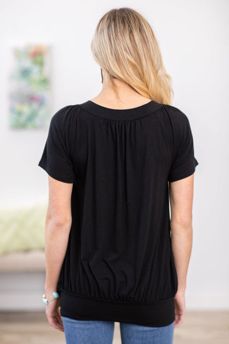 Black V-Neck Bubble Hem Top - Filly Flair