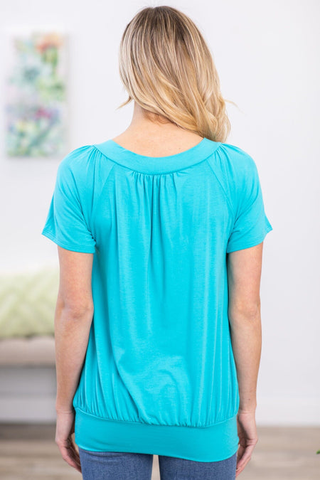 Aqua V-Neck Bubble Hem Top - Filly Flair