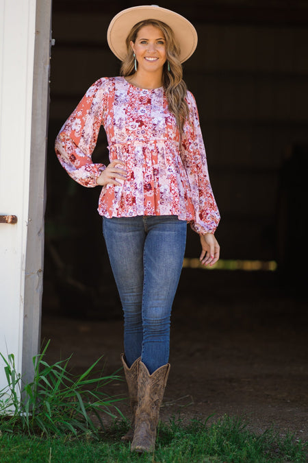 Salmon Floral Print Babydoll Top - Filly Flair