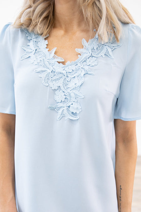 Pastel Blue Pleated Sleeve Crochet Trim Top - Filly Flair