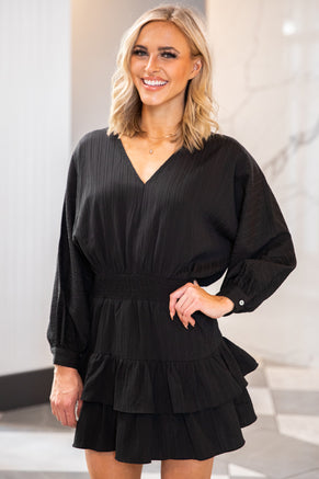 Black Smocked Waist Long Sleeve Dress - Filly Flair