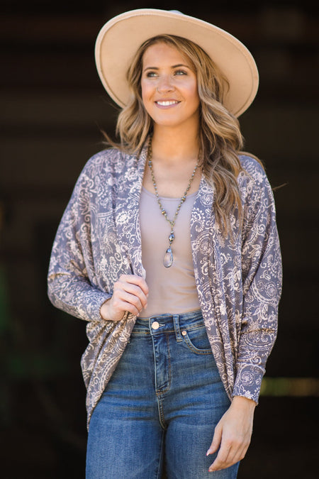 Grey and Beige Paisley Print Cocoon Cardigan - Filly Flair