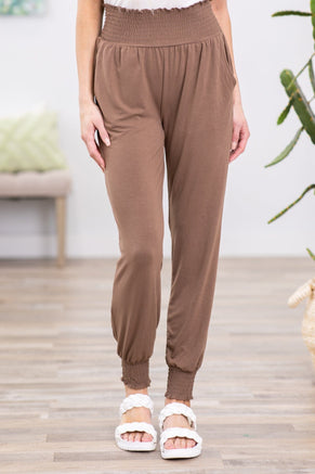 Mocha Smocked Waist Jogger Pants - Filly Flair