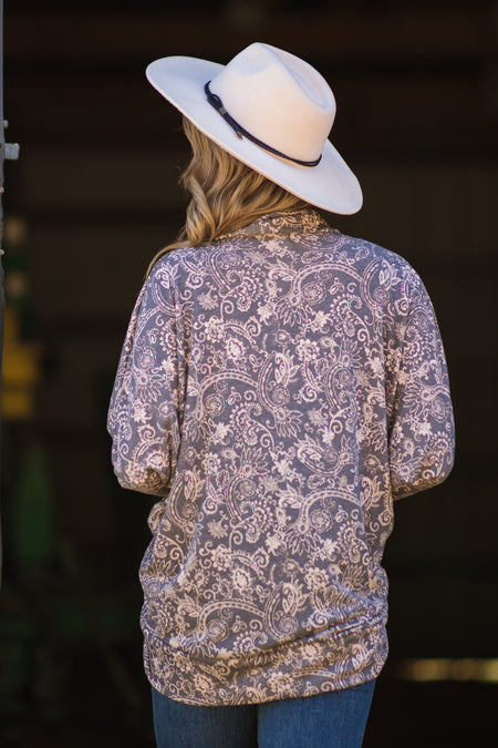 Grey and Beige Paisley Print Cocoon Cardigan - Filly Flair