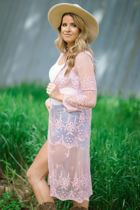 Blush Crochet Lace Mid Length Kimono - Filly Flair