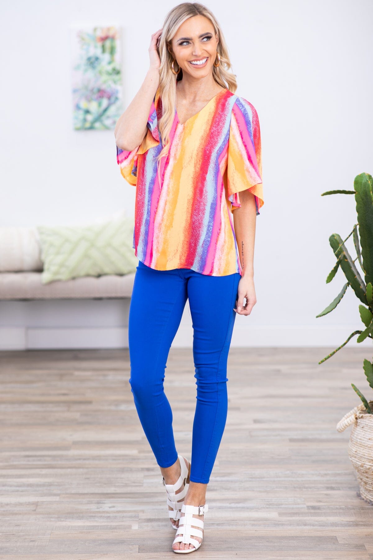 Red and Yellow Multicolor Vertical Stripe Top - Filly Flair