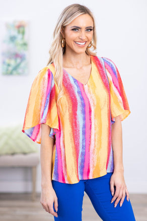 Red and Yellow Multicolor Vertical Stripe Top - Filly Flair