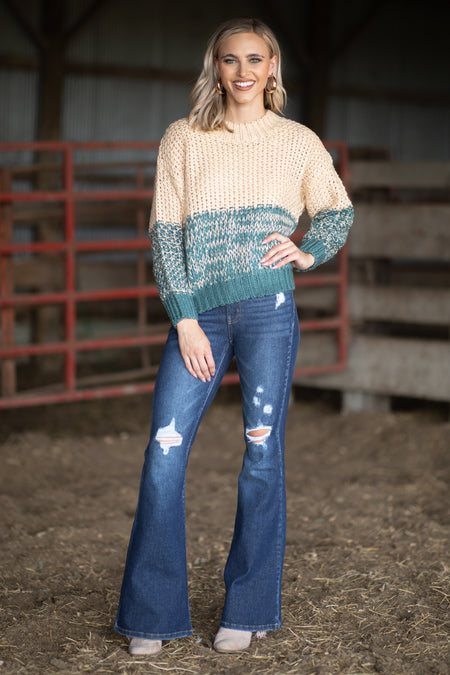 Teal and Beige Heathered Sweater - Filly Flair